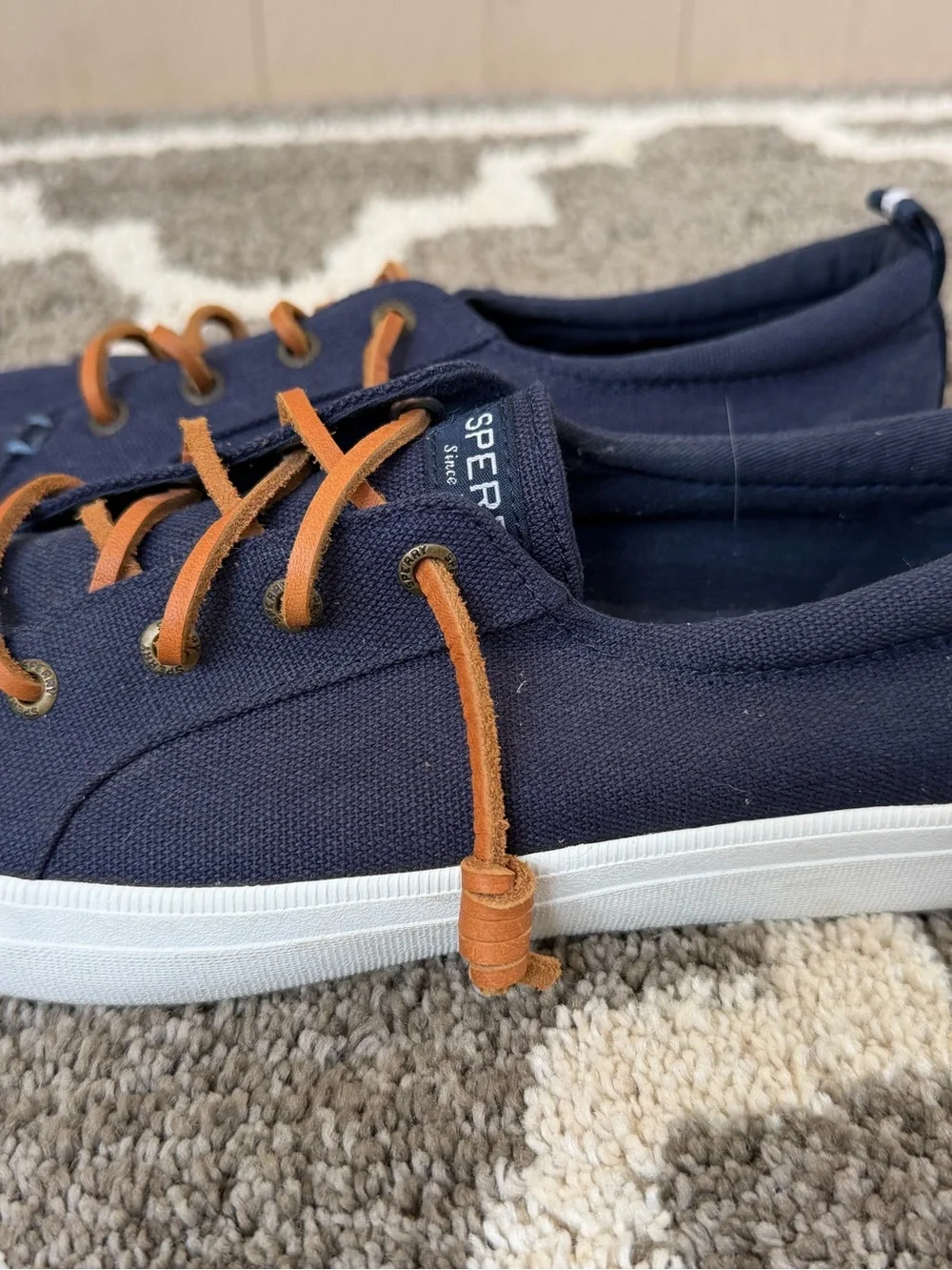 Sperry Navy Canvas Slip-On Sneakers with Brown Laces